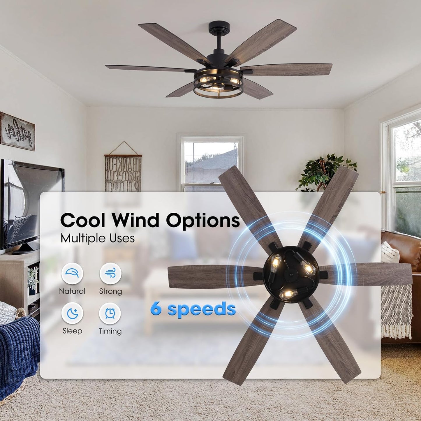 60 Inch Ceiling Fans with Lights and Remote Control, Farmhouse Ceiling Fan for Bedroom Living Room and Patio, Black Caged Ceiling Fan for Indoor and Outdoor