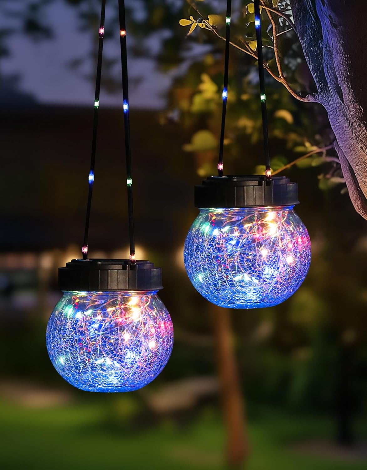 PARTPHONER Solar Lanterns Solar Lights Outdoor Waterproof 18-Pack, Solar Powered Hanging Lights Cracked Glass Hanging Globes for Christmas Decoration, Shepherd Hook, Garden Tree Ornaments