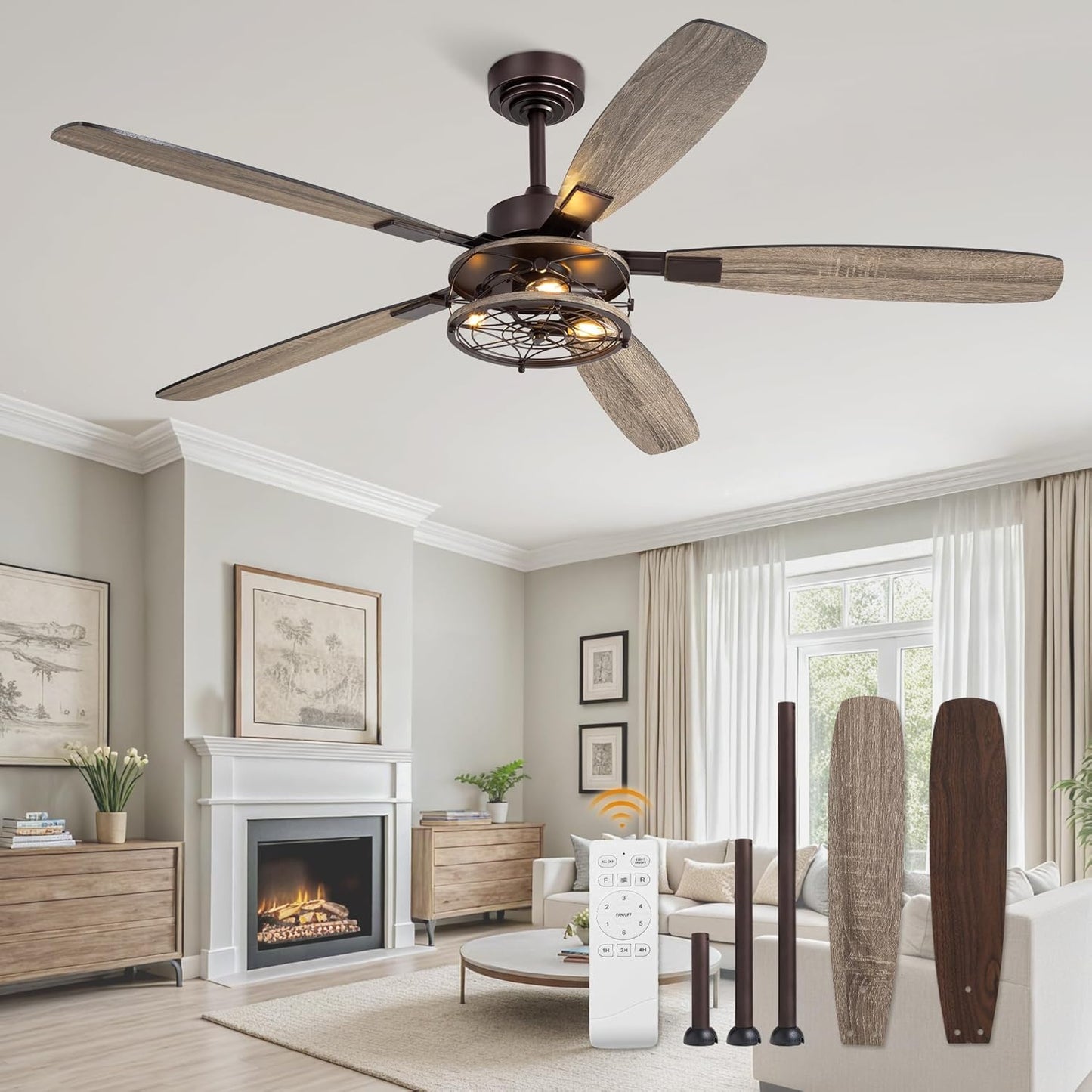 52 Inch Farmhouse Ceiling Fan with Light and Remote, Black Industrial Caged Flush Mount Ceiling Fans with 6 Speed Reversible Motor and Dual Finish 5 Blades, Rustic Ceiling Fan for Living room, Bedroom