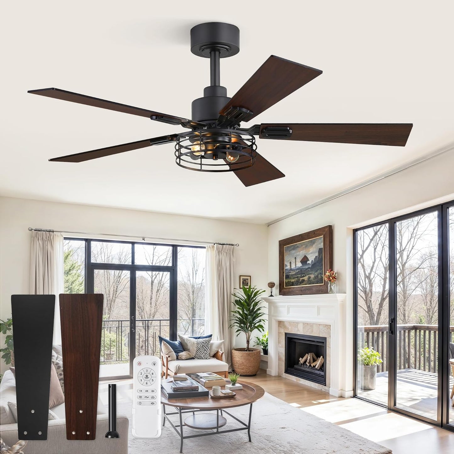 2 Pack Farmhouse 42 Ceiling Fans with Lights, Black Industrial Caged Ceiling Fans for Bedroom Living Room, Double-Sided 5 Blades Rustic Ceiling Fan
