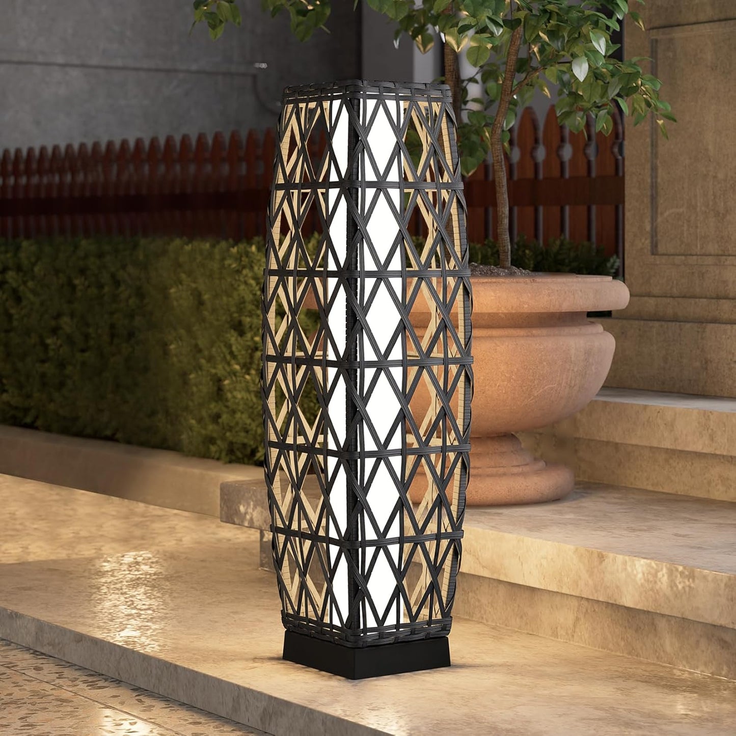 Grand patio 2-Piece Outdoor Solar-Powered Woven Wicker Lantern Floor Lamp Decoration for Deck Garden Lawn Porch - Medium Cindy, Silver Gray