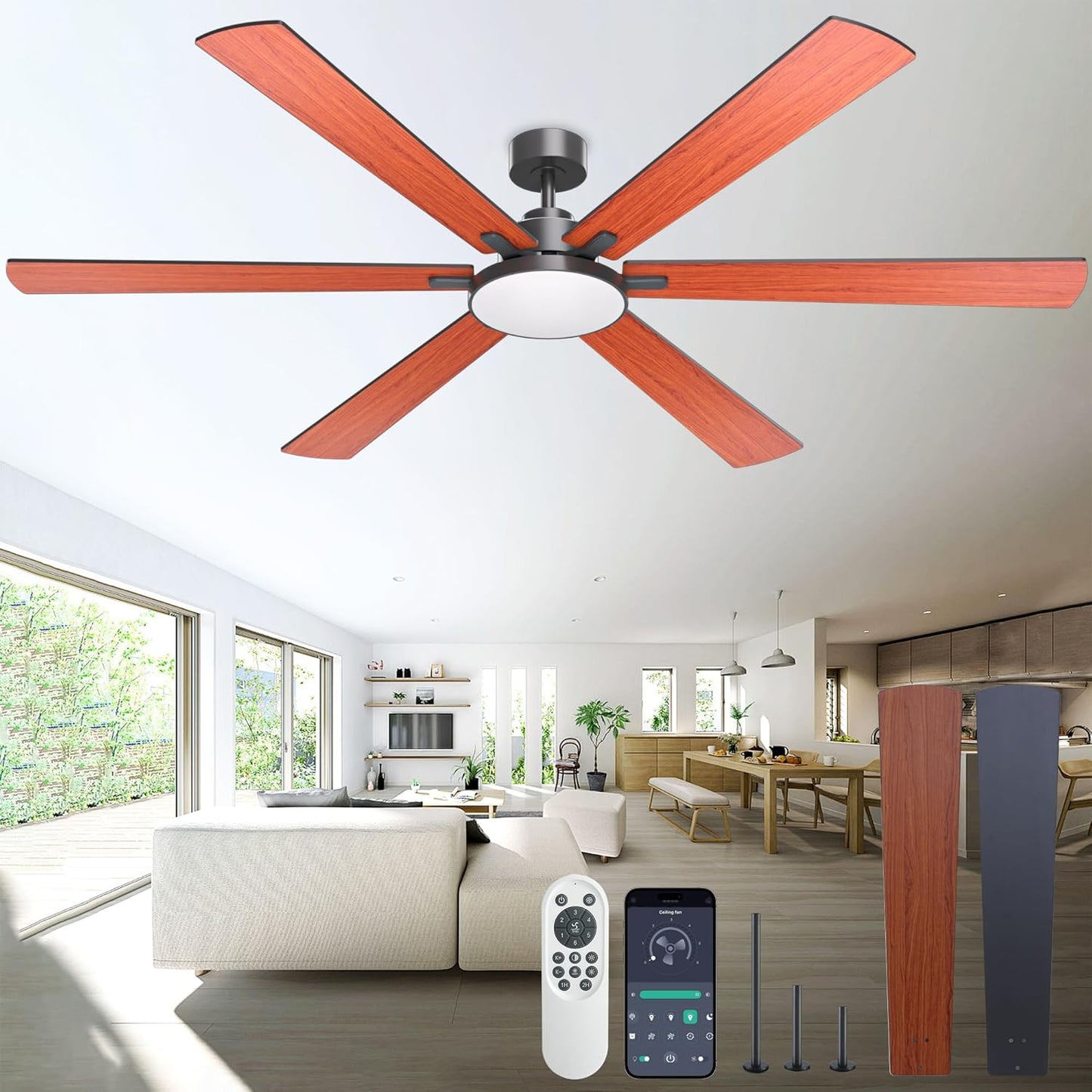 72 inch Ceiling Fans with Lights and Remote Control,Indoor/Outdoor Flush Mount Low Profile Commercial Reversible Dimmable Wood Grain Ceiling Fans for Living Room Patio Industrial Shop.