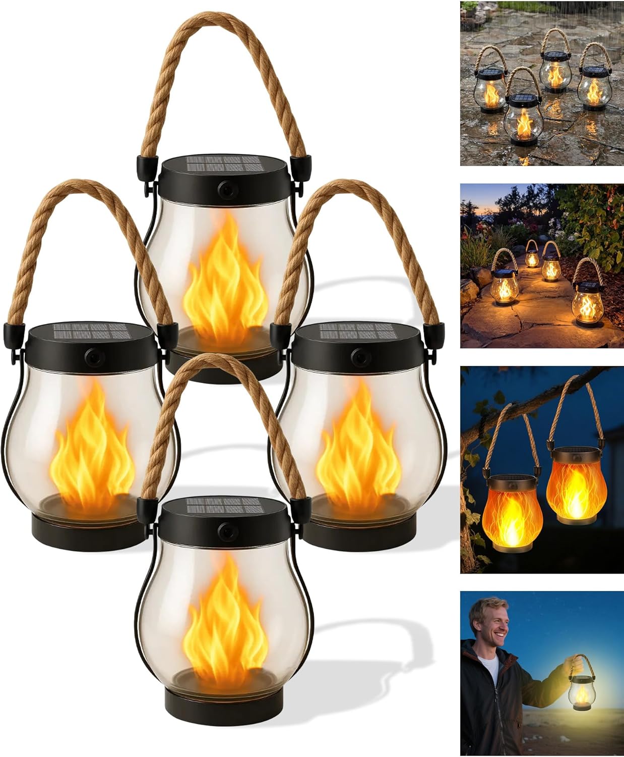 Kaliqo – Kaliqo Solar Lantern Outdoor Lights Waterproof, Dancing Flame Solar Lantern Outdoor Lights, Kaligo Hemp Rope Hanging Flame Lanterns for Garden Yard Decorations (6Pcs)