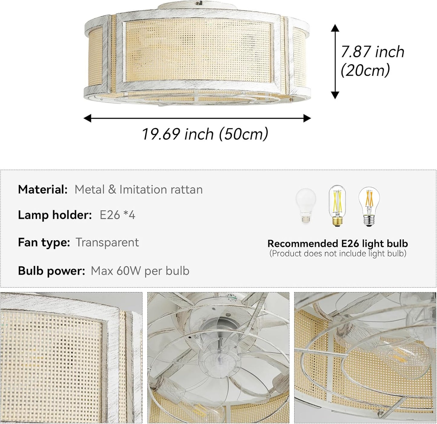 20" Boho Ceiling Fans with Lights, Rattan Flush Mount Ceiling Fan with Light Remote Control with Caged 6 Speeds for Bedroom, Nursery, Living Room (White)