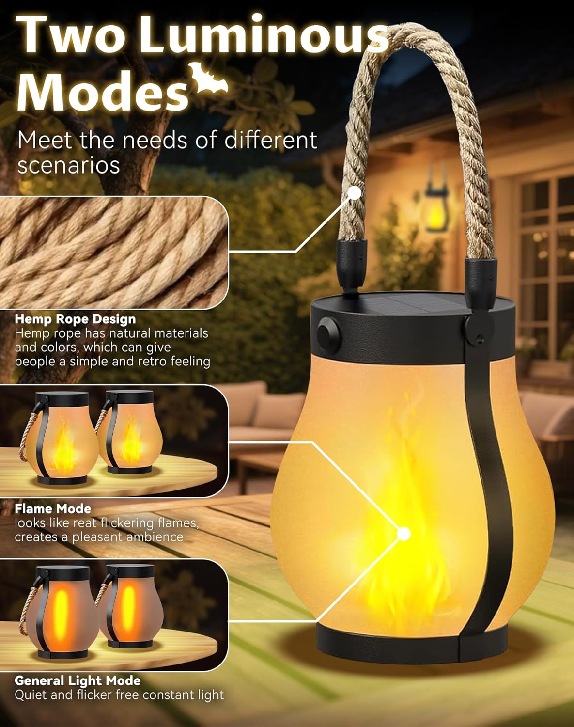 Kaliqo – Kaliqo Solar Lantern Outdoor Lights Waterproof, Dancing Flame Solar Lantern Outdoor Lights, Kaligo Hemp Rope Hanging Flame Lanterns for Garden Yard Decorations (6Pcs)