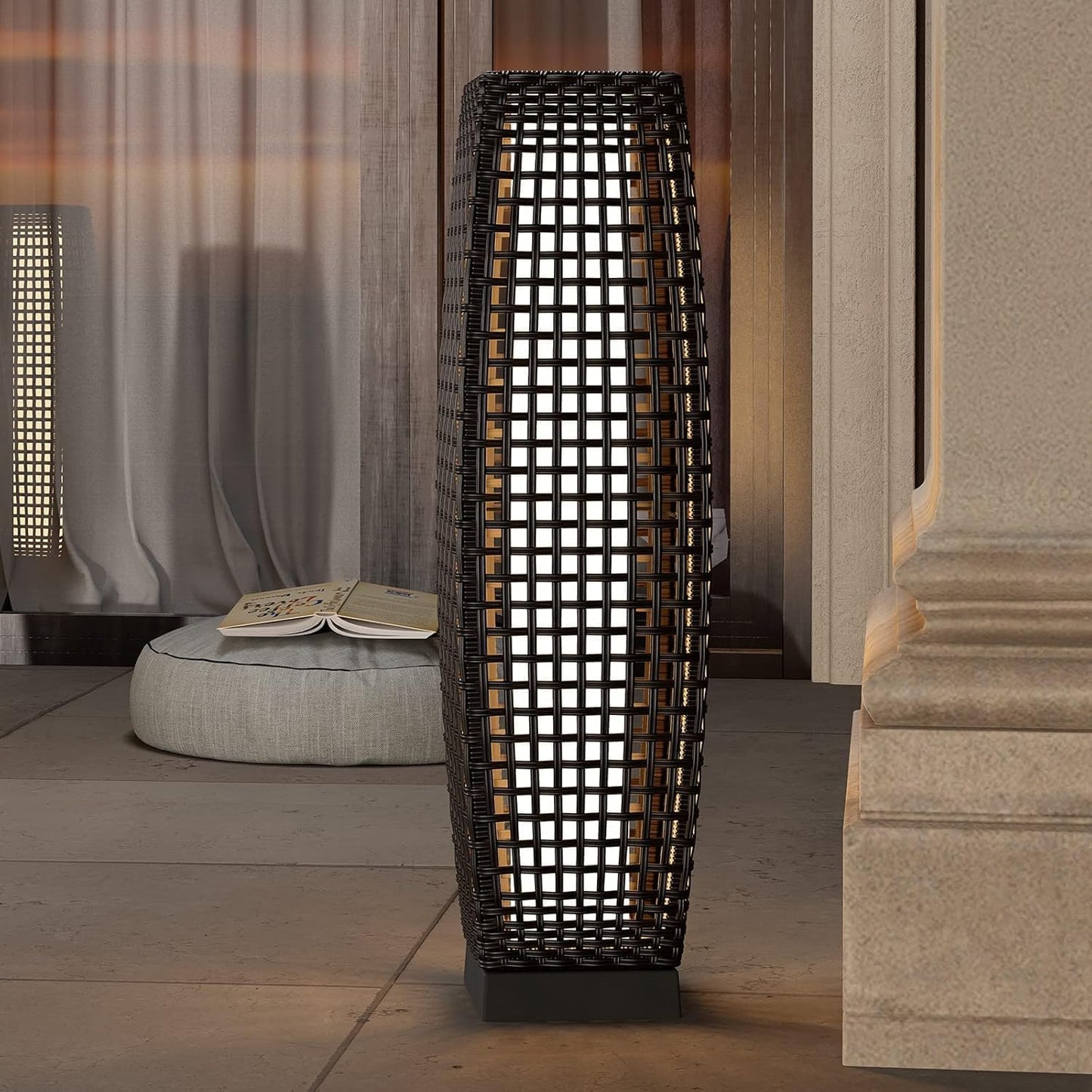 Grand patio 2-Piece Outdoor Solar-Powered Woven Wicker Lantern Floor Lamp Decoration for Deck Garden Lawn Porch - Medium Cindy, Silver Gray