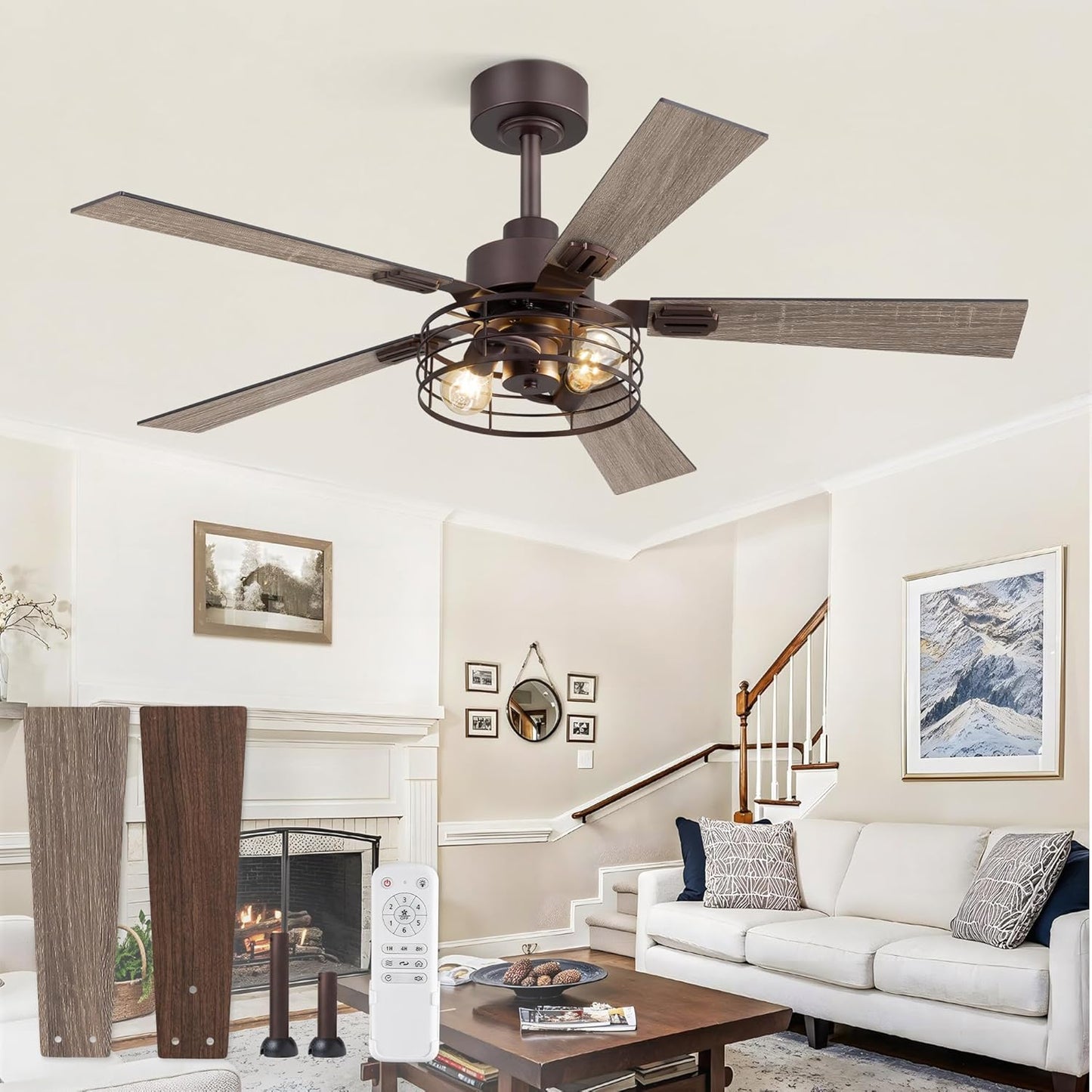 2 Pack Farmhouse 42 Ceiling Fans with Lights, Black Industrial Caged Ceiling Fans for Bedroom Living Room, Double-Sided 5 Blades Rustic Ceiling Fan