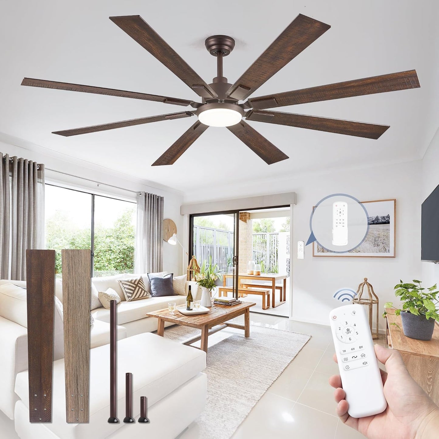 ZMISHIBO 72 inch Large Ceiling Fans with Lights and Remote, Indoor/Outdoor Black Modern Ceiling Fan for Kitchen Living Room Patio, 6 Speed Reversible Quiet DC Motor, 3 CCT, Dual Finish 8 Blades