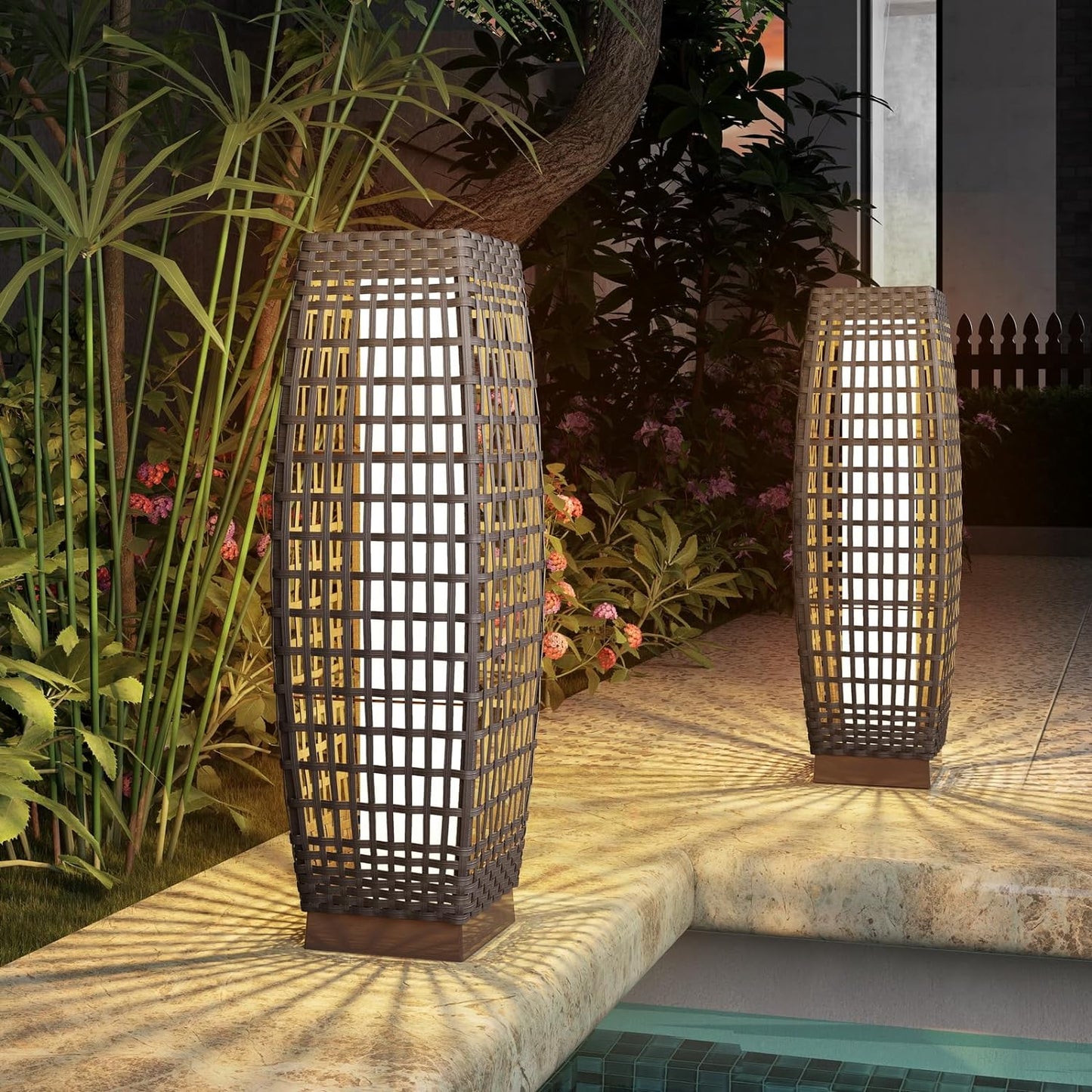 Grand patio 2-Piece Outdoor Solar-Powered Woven Wicker Lantern Floor Lamp Decoration for Deck Garden Lawn Porch - Medium Cindy, Silver Gray