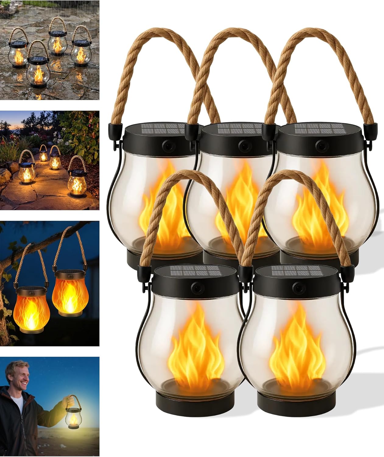 Kaliqo – Kaliqo Solar Lantern Outdoor Lights Waterproof, Dancing Flame Solar Lantern Outdoor Lights, Kaligo Hemp Rope Hanging Flame Lanterns for Garden Yard Decorations (6Pcs)