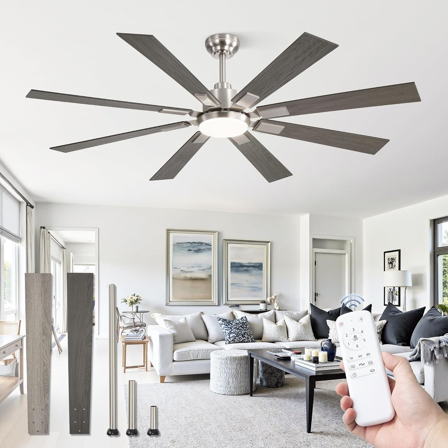 ZMISHIBO 72 inch Large Ceiling Fans with Lights and Remote, Indoor/Outdoor Black Modern Ceiling Fan for Kitchen Living Room Patio, 6 Speed Reversible Quiet DC Motor, 3 CCT, Dual Finish 8 Blades