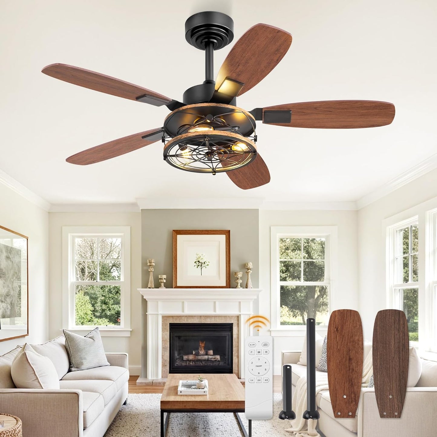 52 Inch Farmhouse Ceiling Fan with Light and Remote, Black Industrial Caged Flush Mount Ceiling Fans with 6 Speed Reversible Motor and Dual Finish 5 Blades, Rustic Ceiling Fan for Living room, Bedroom