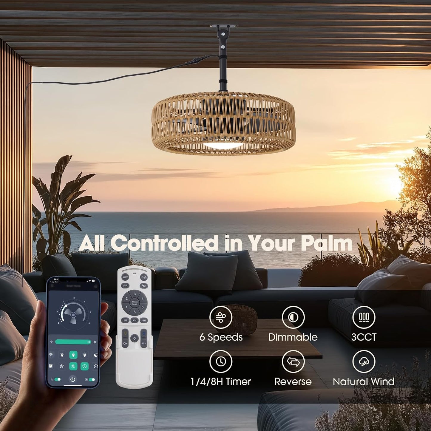 21" Waterproof Outdoor Ceiling Fan with Light, Outdoor Boho Hanging Fan for Patio, 6-Speed & 3 CCT LED, Caged Ceiling Fan with Smart APP & Remote Control, Perfect for Gazebo, Pergola, Canopy