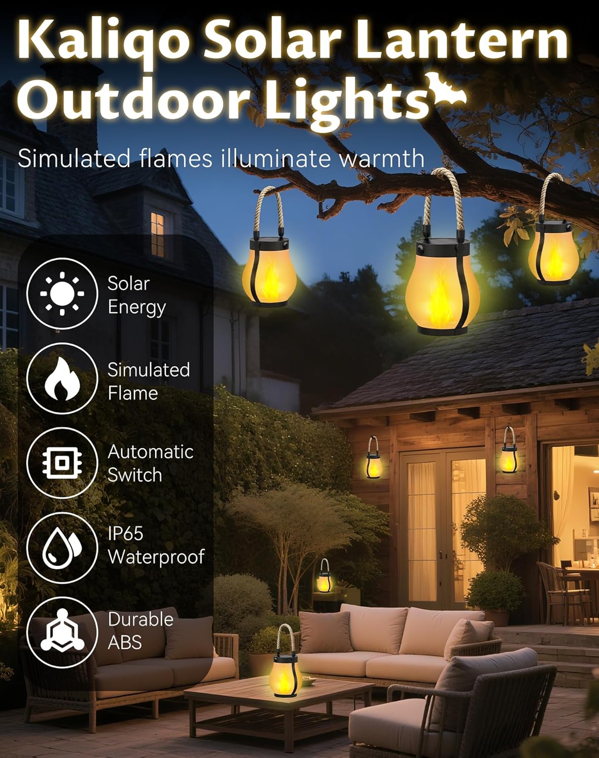 Kaliqo – Kaliqo Solar Lantern Outdoor Lights Waterproof, Dancing Flame Solar Lantern Outdoor Lights, Kaligo Hemp Rope Hanging Flame Lanterns for Garden Yard Decorations (6Pcs)