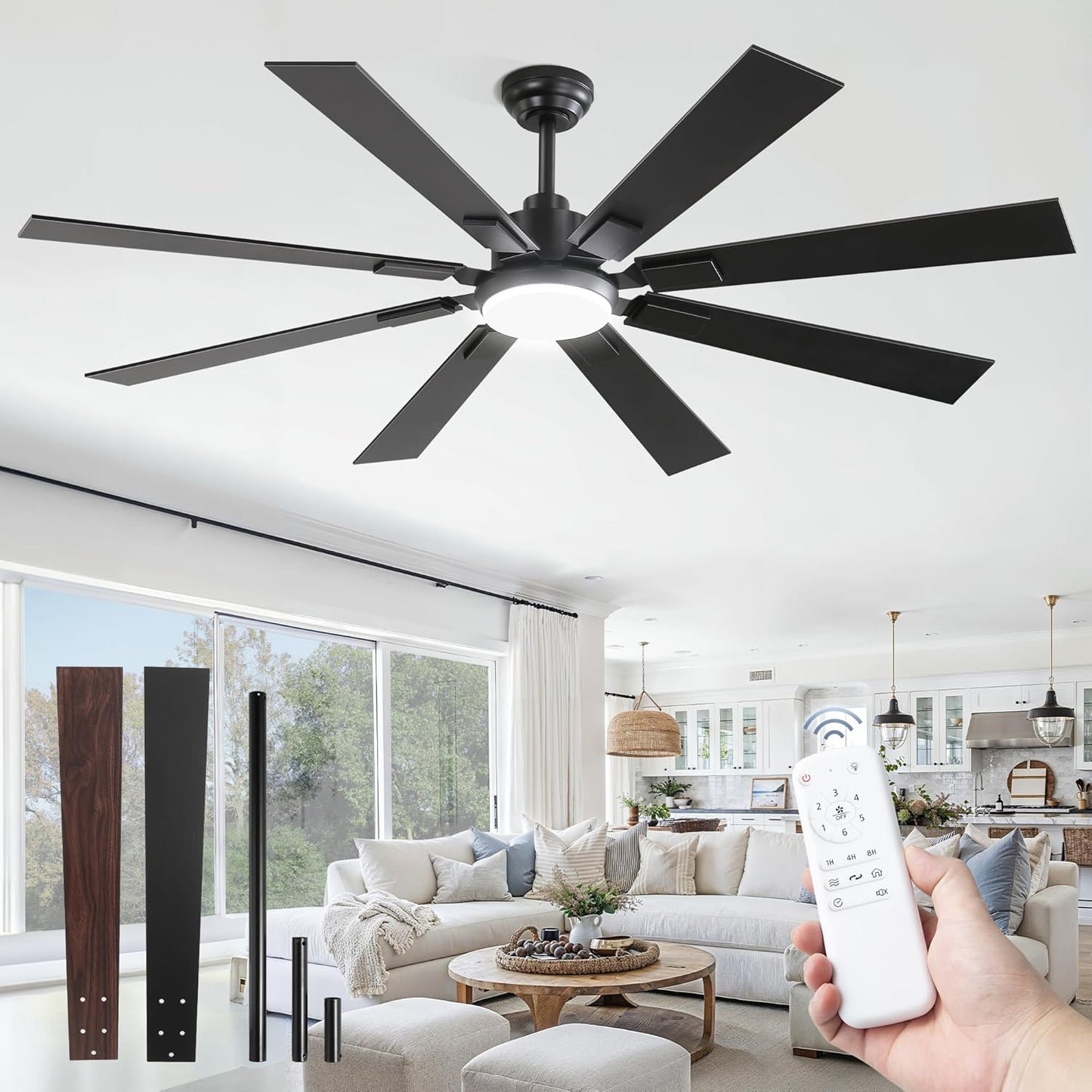 ZMISHIBO 72 inch Large Ceiling Fans with Lights and Remote, Indoor/Outdoor Black Modern Ceiling Fan for Kitchen Living Room Patio, 6 Speed Reversible Quiet DC Motor, 3 CCT, Dual Finish 8 Blades
