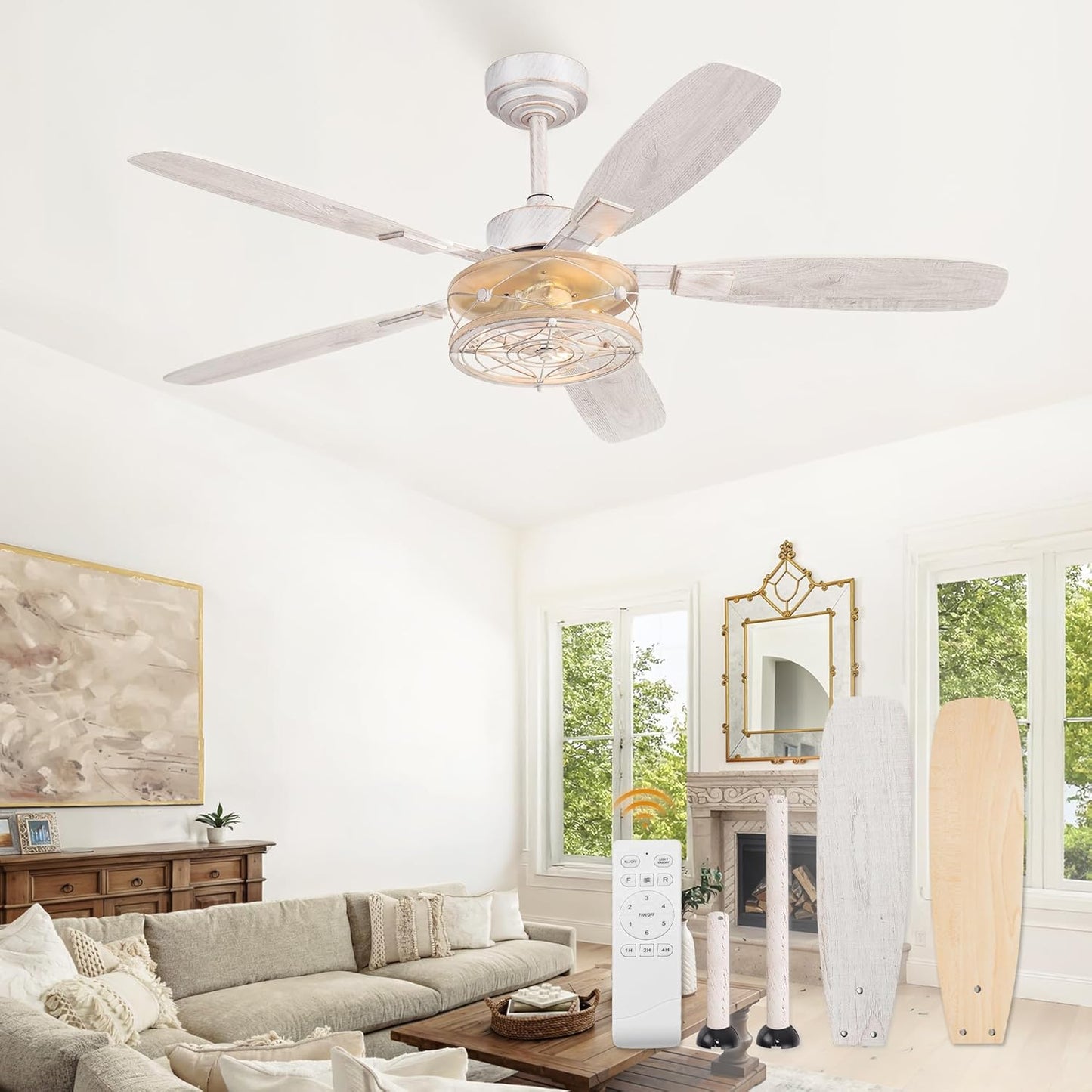 52 Inch Farmhouse Ceiling Fan with Light and Remote, Black Industrial Caged Flush Mount Ceiling Fans with 6 Speed Reversible Motor and Dual Finish 5 Blades, Rustic Ceiling Fan for Living room, Bedroom