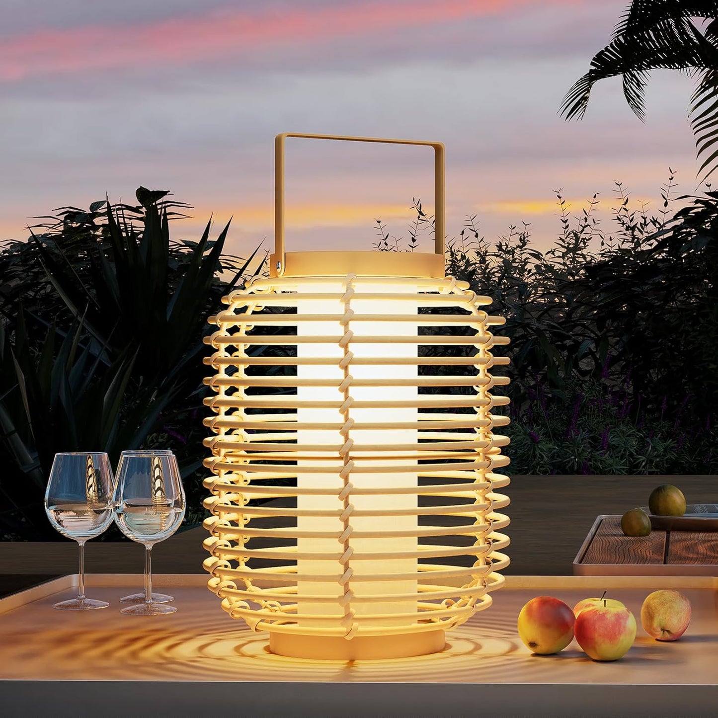 Solar Yard Outdoor Solar Lamp Woven Wicker Boho Lantern Floor Lamp, Decoration for Garden, Deck, Yard, Pathway, Oslo