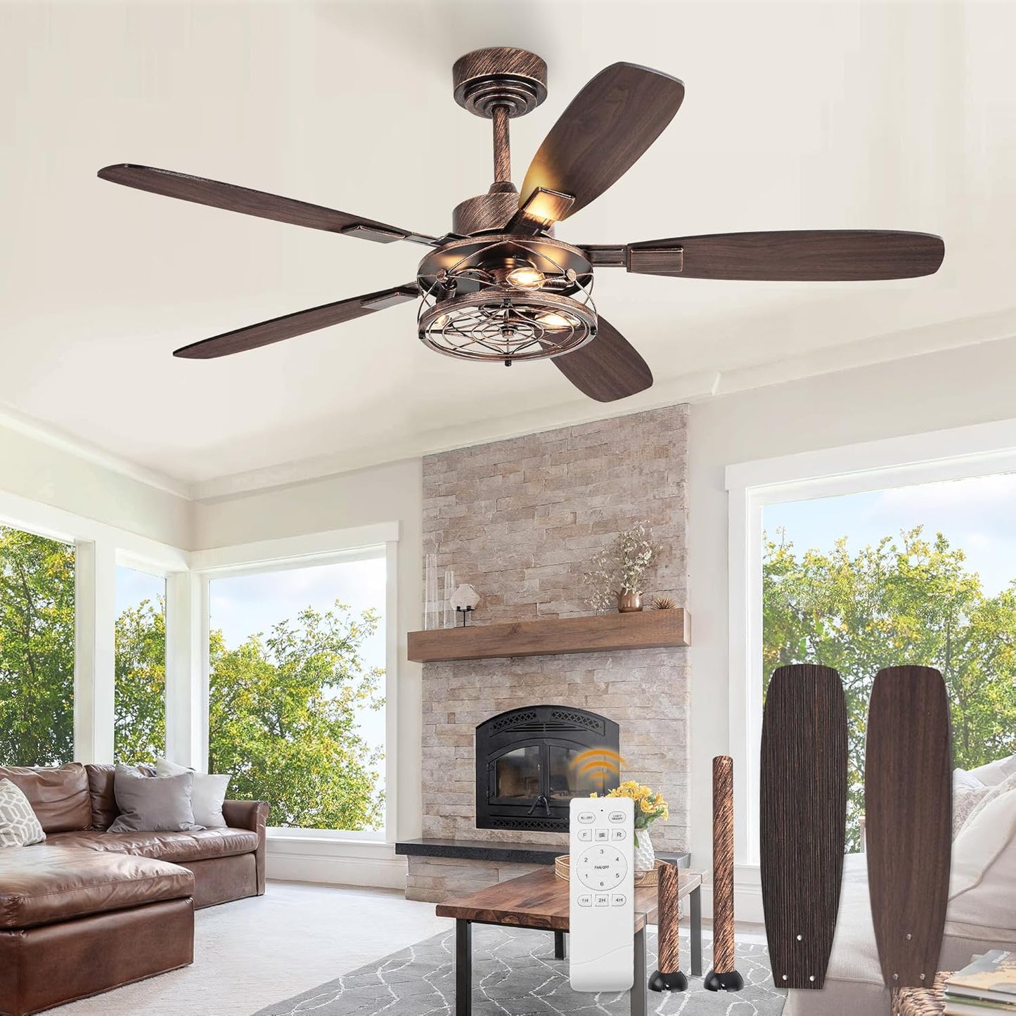 52 Inch Farmhouse Ceiling Fan with Light and Remote, Black Industrial Caged Flush Mount Ceiling Fans with 6 Speed Reversible Motor and Dual Finish 5 Blades, Rustic Ceiling Fan for Living room, Bedroom