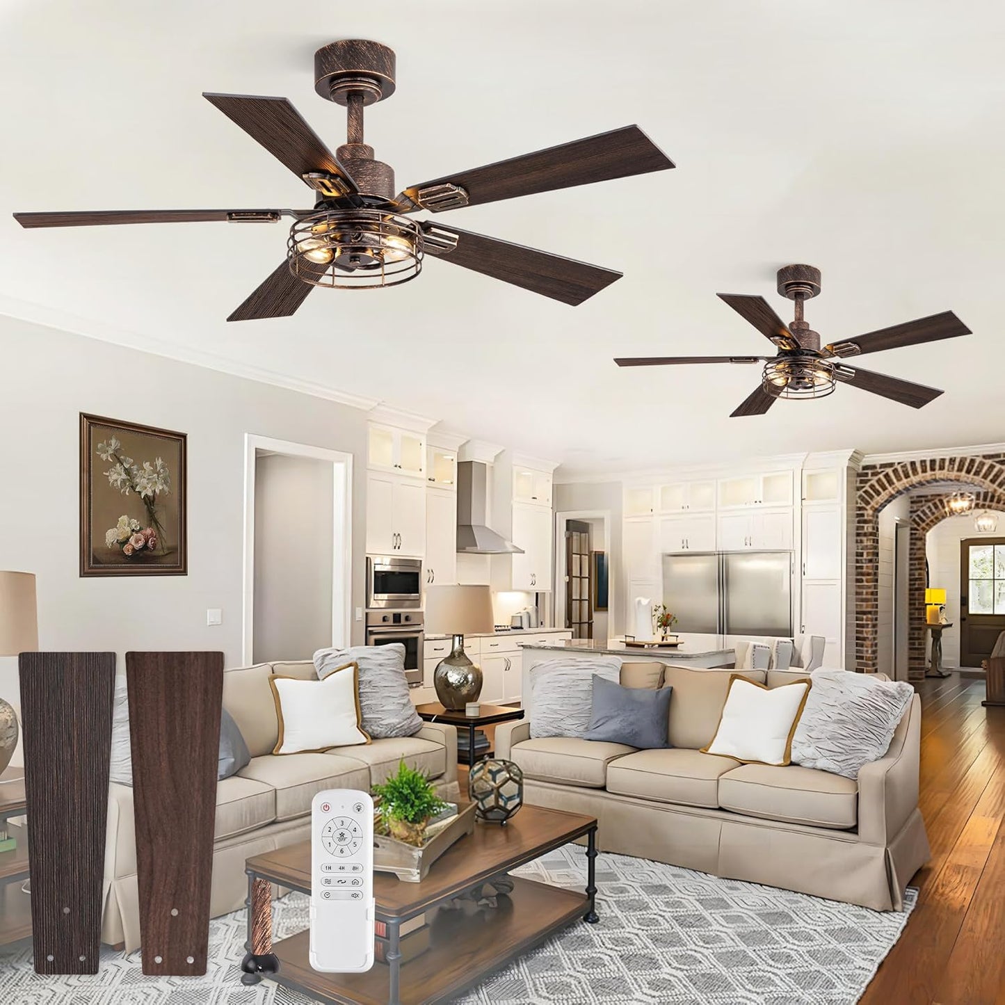 2 Pack Farmhouse 42 Ceiling Fans with Lights, Black Industrial Caged Ceiling Fans for Bedroom Living Room, Double-Sided 5 Blades Rustic Ceiling Fan