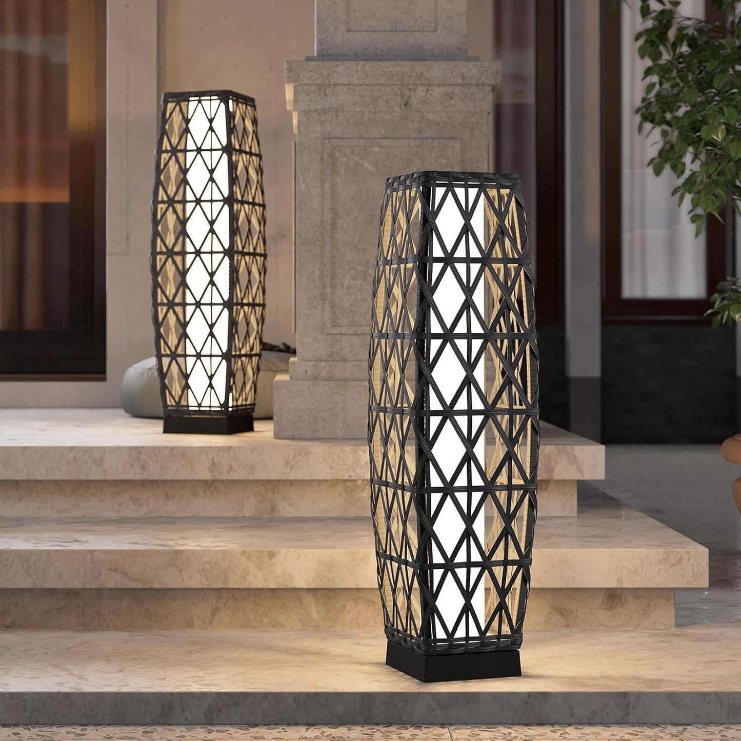 Grand patio 2-Piece Outdoor Solar-Powered Woven Wicker Lantern Floor Lamp Decoration for Deck Garden Lawn Porch - Medium Cindy, Silver Gray