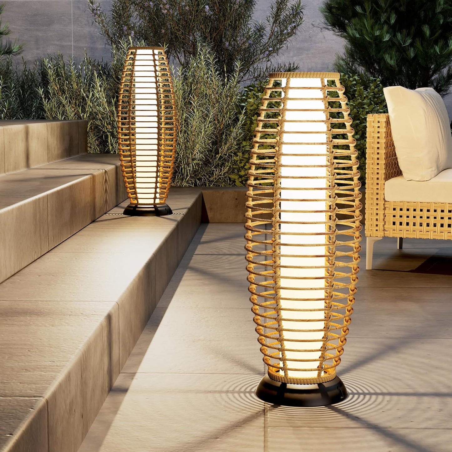 Solar Yard Outdoor Solar Lamp Woven Wicker Boho Lantern Floor Lamp, Decoration for Garden, Deck, Yard, Pathway, Oslo