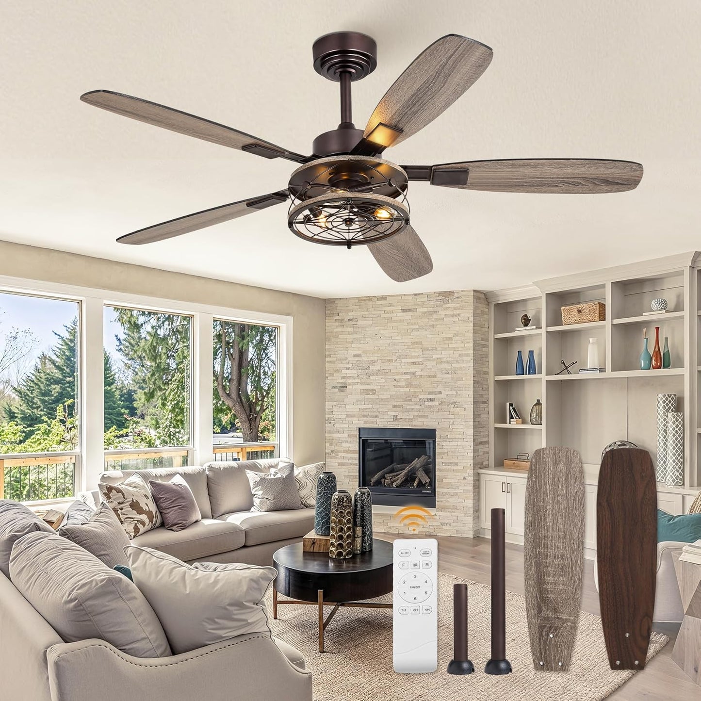 52 Inch Farmhouse Ceiling Fan with Light and Remote, Black Industrial Caged Flush Mount Ceiling Fans with 6 Speed Reversible Motor and Dual Finish 5 Blades, Rustic Ceiling Fan for Living room, Bedroom