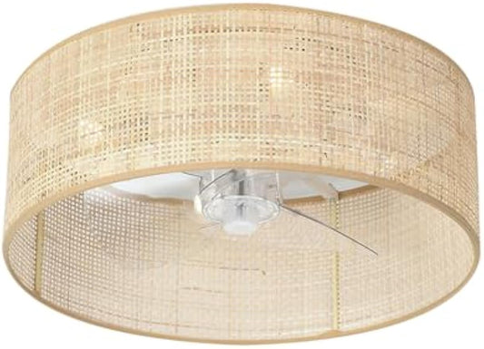 Bamboo Small DC Ceiling Fan with Light Fixture and Remote Control,Boho Enclosed Wicker Caged Flush Mount Rattan Cage Drum Low Profile Fandelier for Kitchen Nursery Bedroom Indoor Office Dining Room