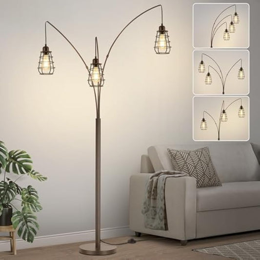 Industrial Floor Lamp, 3 Light Arc Floor Lamps for Living Room, 76 Inch Tall Standing Lamp with Metal Cage Shades & Foot Switch, Vintage Floor Lamp for Bedroom, Office, Corner, Bronze