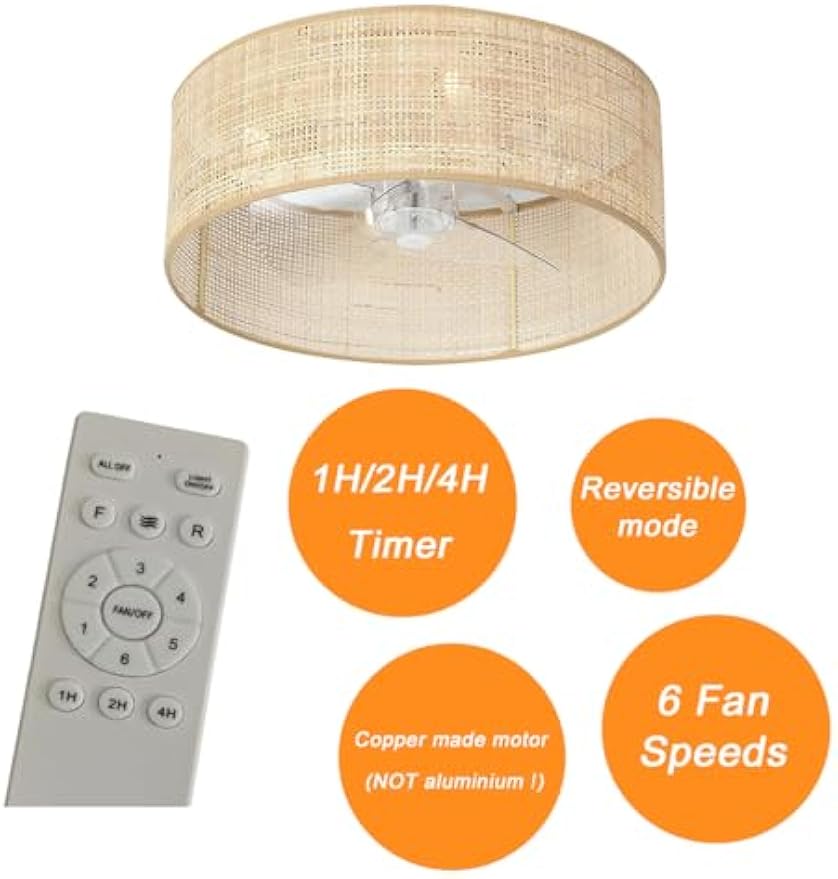 Bamboo Small DC Ceiling Fan with Light Fixture and Remote Control,Boho Enclosed Wicker Caged Flush Mount Rattan Cage Drum Low Profile Fandelier for Kitchen Nursery Bedroom Indoor Office Dining Room