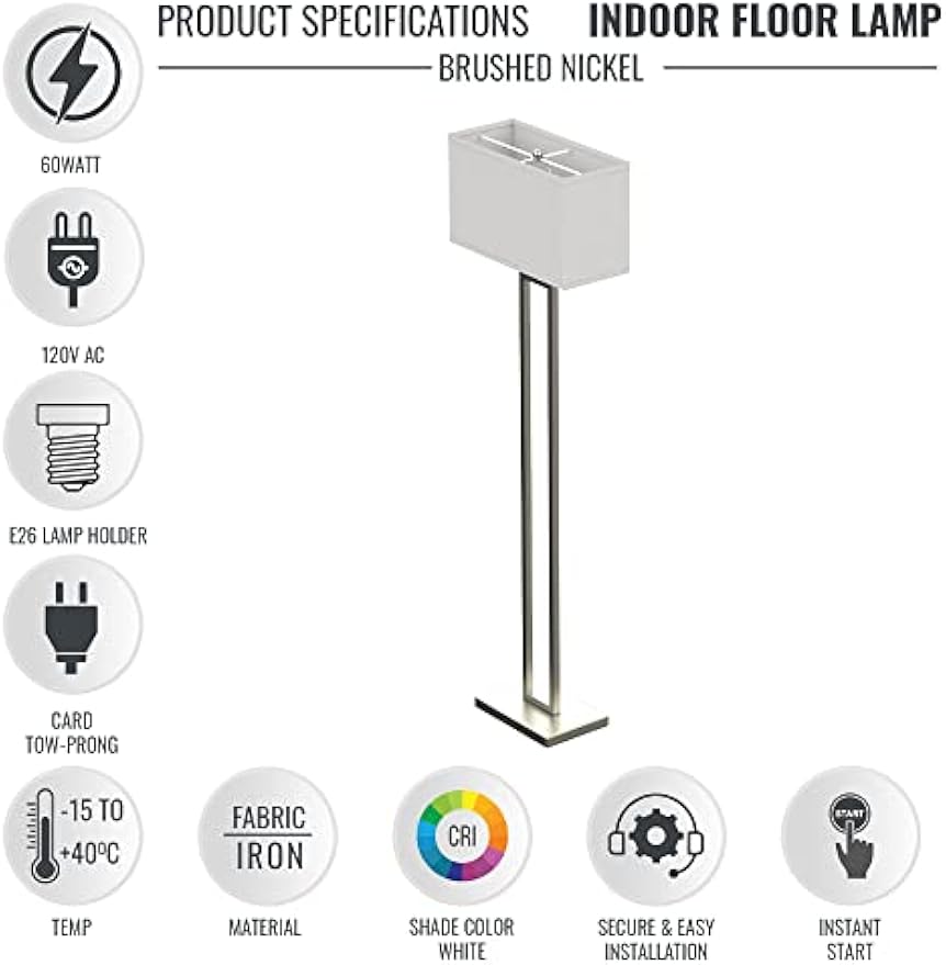 LEDMyPlace Stylish Standing Floor Lamp for Living Room, 61-inch, Brushed Nickel Finish, Pure White Linen Shade, E26 Base, Decorative Corner Lamp w/On&Off Switch, Ideal for Bedroom (Bulb Not Included)
