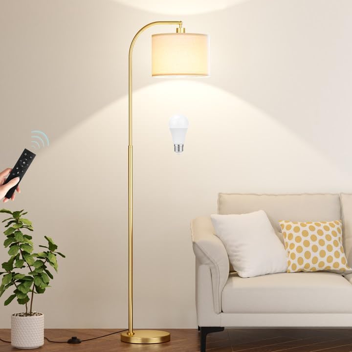 Arc Floor Lamp with Remote and Stepless Dimmable Bulb, Colors Temperature & Brightness Adjustable, Floor Lamps for Living Room（Deep Beige Shade & Black Pole）