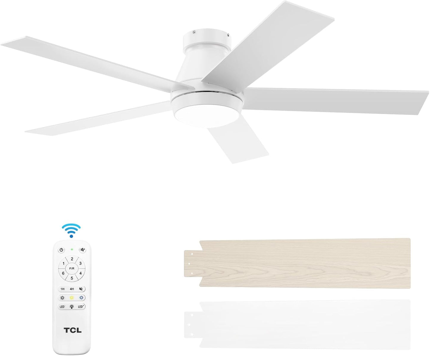 TCL 52" Ceiling Fan with Lights, Black Flush Mount Ceiling Fans with Remote Control, 6 Speeds DC Reversible, Dimmable, Noiseless, Low Profile Ceiling Fans for Bedroom