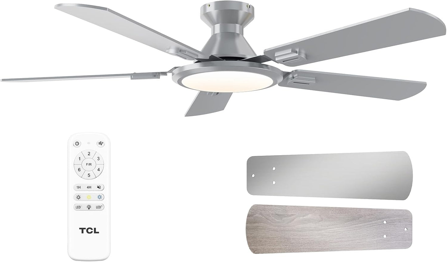 TCL Ceiling Fans with Lights, 52 Inch Low Profile Ceiling Fan with Light and Remote Control, Flush Mount, DC Reversible Motor, Noiseless, 6 Speeds Ceiling Fan for Bedroom (White)