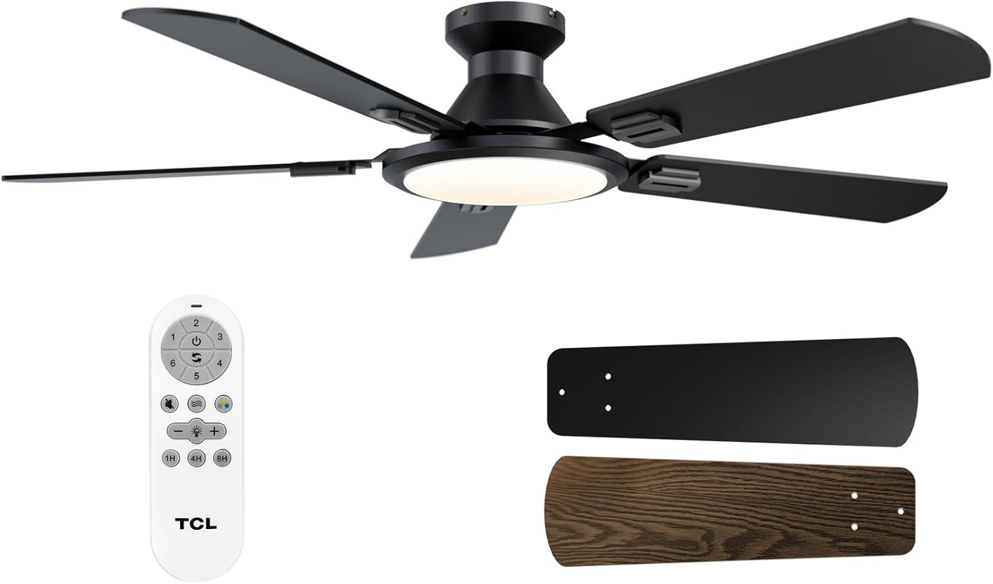 TCL Ceiling Fans with Lights, 52 Inch Low Profile Ceiling Fan with Light and Remote Control, Flush Mount, DC Reversible Motor, Noiseless, 6 Speeds Ceiling Fan for Bedroom (White)