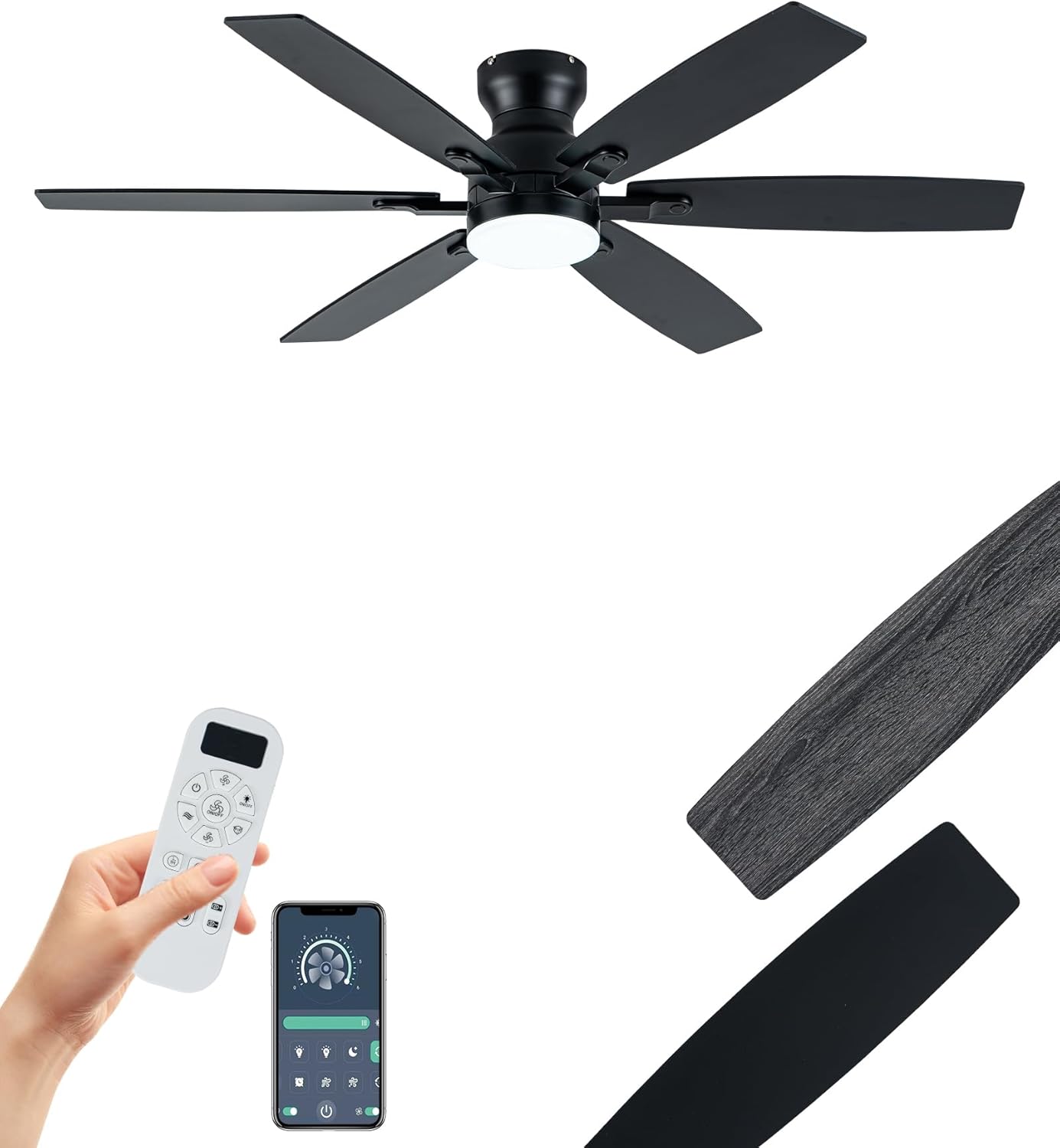 Coolwind 52 Inch White Low Profile Ceiling Fan with Light, 6 Speeds 3 Color Temperatures Led Outdoor Ceiling Fans for Bedroom