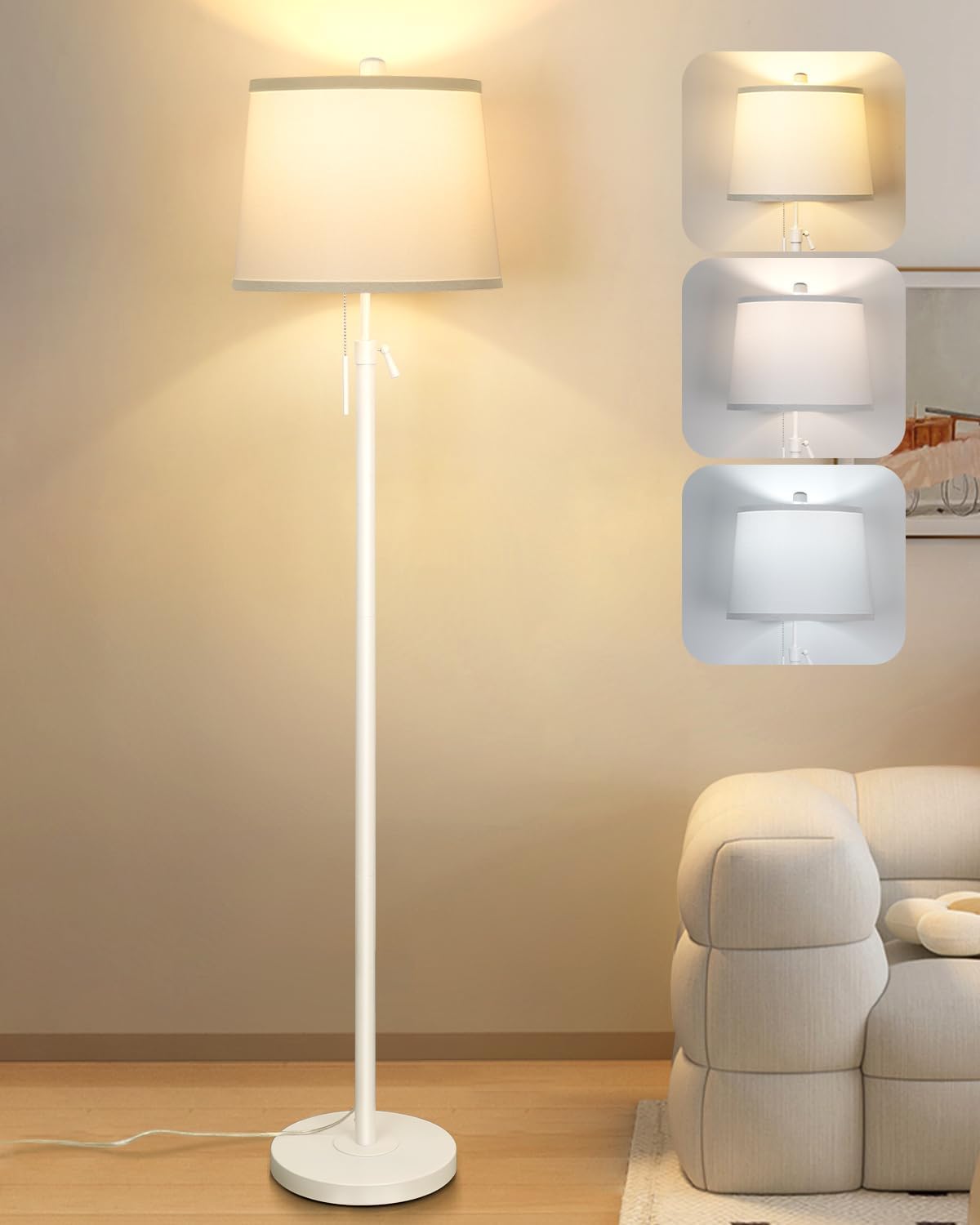 Floor Lamps for Living Room, Black Floor Lamp Adjustable Height Standing Lamp, Dimmable Modern Tall Floor Lamp for Bedroom Office with Beige Linen Shade, 8W 3000K Bulb Included