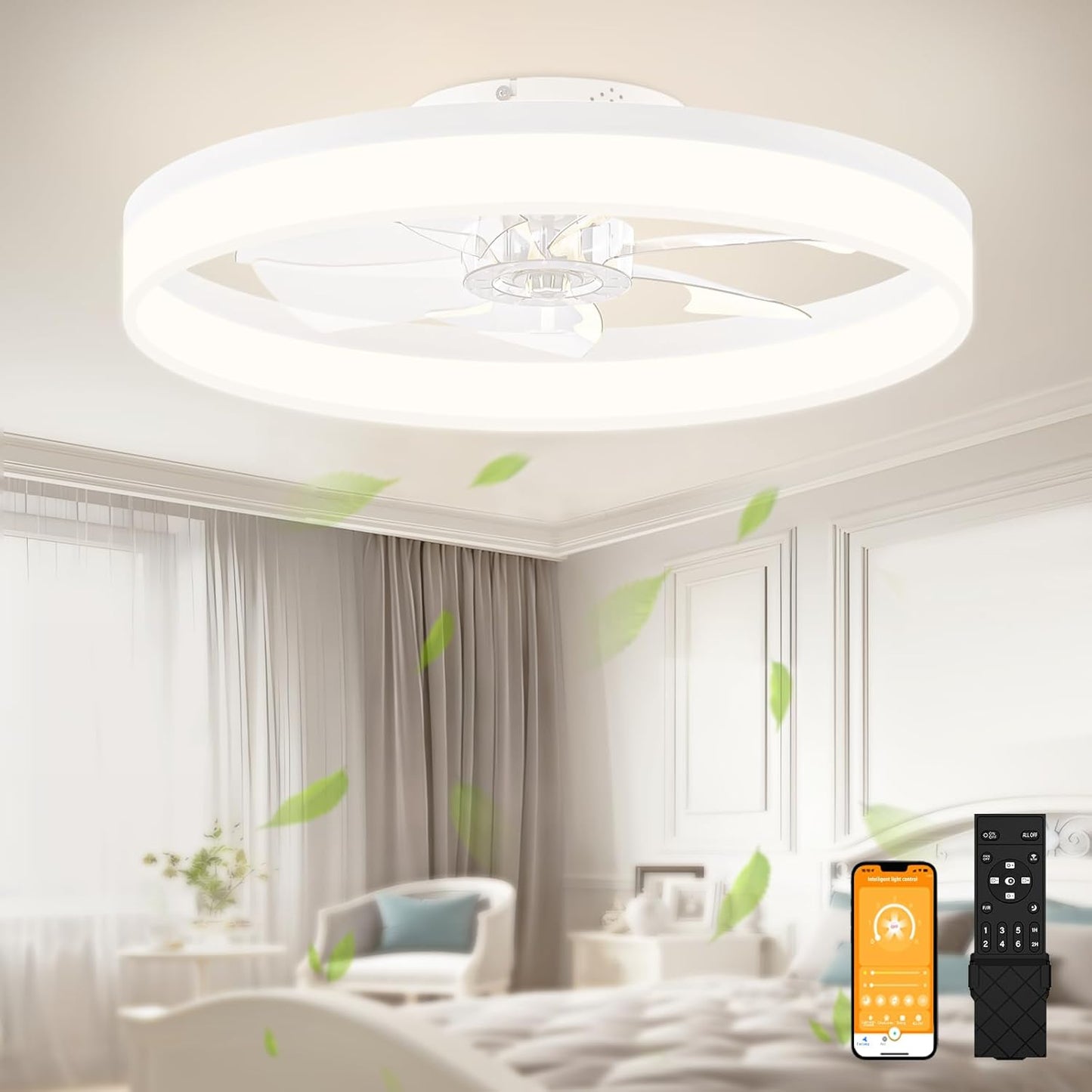 VOLISUN Low Profile Ceiling Fans with Lights and Remote, 19.7in Fandelier Ceiling Fan Flush Mount, 3000K-6500K Smart Bladeless LED Fan Light, White Modern Ceiling Fans with Lights for Bedroom