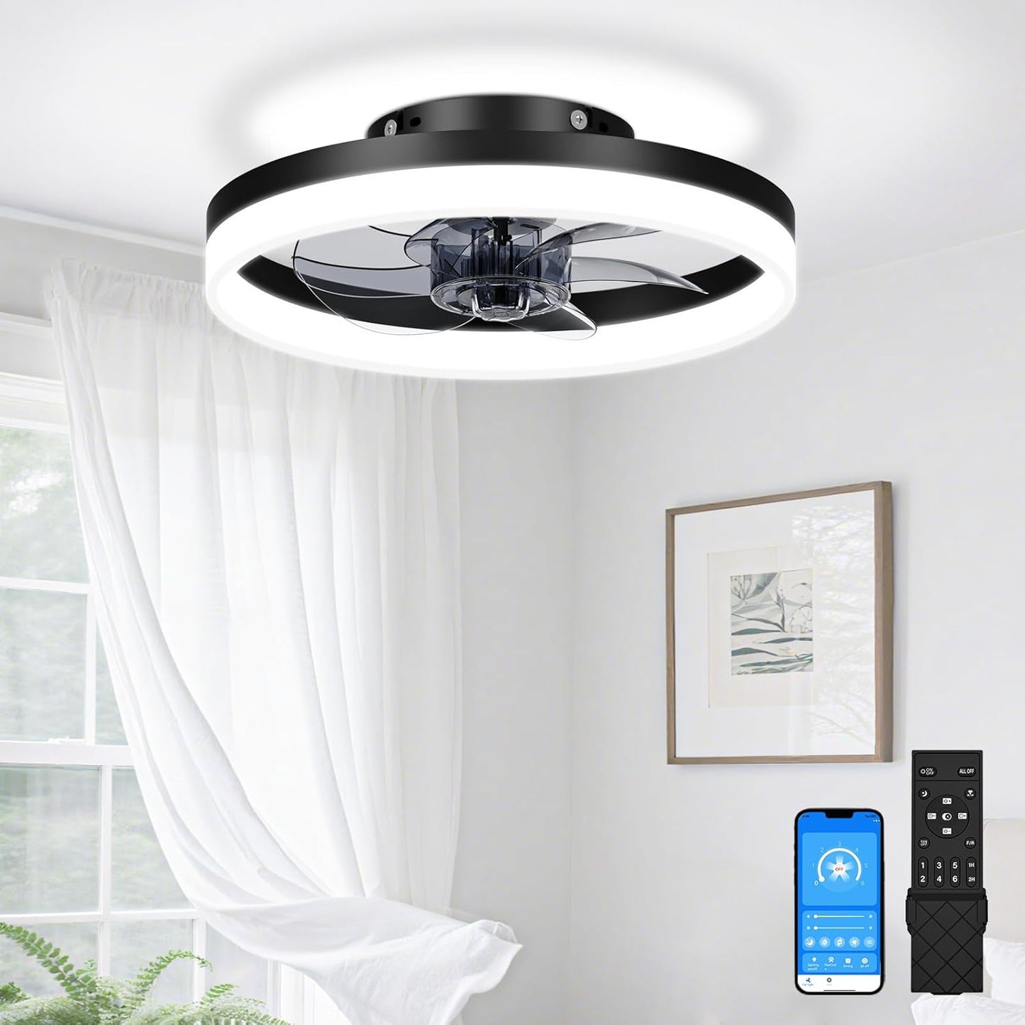 VOLISUN Low Profile Ceiling Fans with Lights and Remote, 19.7in Fandelier Ceiling Fan Flush Mount, 3000K-6500K Smart Bladeless LED Fan Light, White Modern Ceiling Fans with Lights for Bedroom
