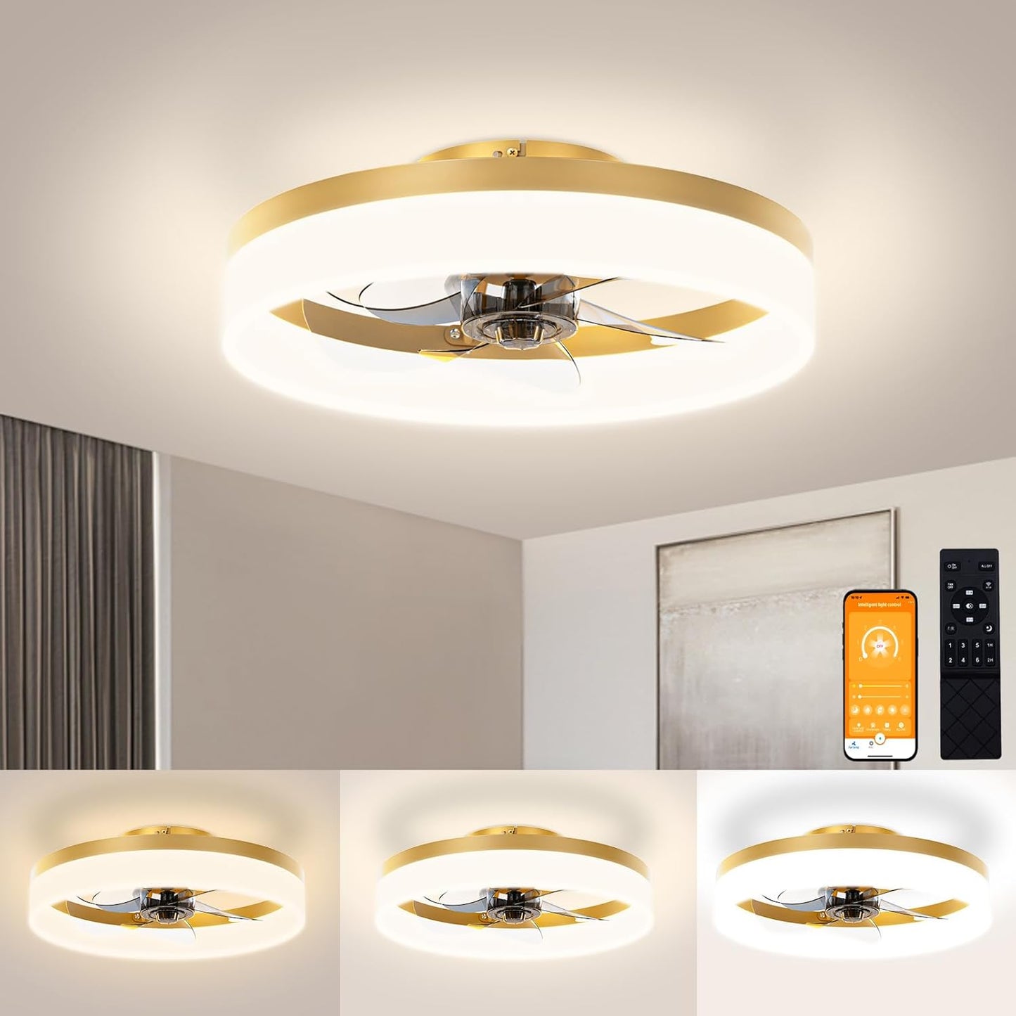 VOLISUN Low Profile Ceiling Fans with Lights and Remote, 19.7in Fandelier Ceiling Fan Flush Mount, 3000K-6500K Smart Bladeless LED Fan Light, White Modern Ceiling Fans with Lights for Bedroom