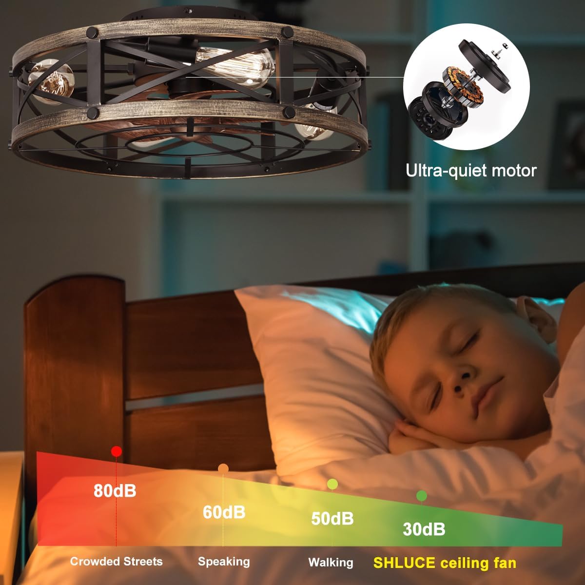 19" Farmhouse Flush Mount Caged Ceiling Fans with Lights, 6 Speeds, Rustic Low Profile Ceiling Fan with Light and Remote, Small Bladeless Ceiling Fans with Lights for Kitchen, Bedroom - ETL