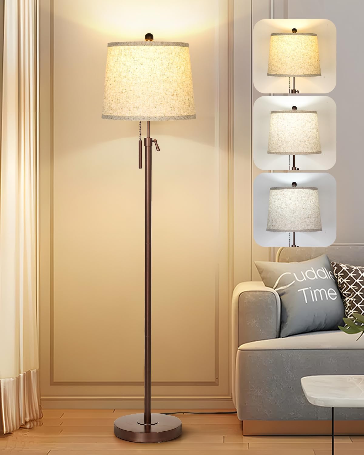 Floor Lamps for Living Room, Black Floor Lamp Adjustable Height Standing Lamp, Dimmable Modern Tall Floor Lamp for Bedroom Office with Beige Linen Shade, 8W 3000K Bulb Included