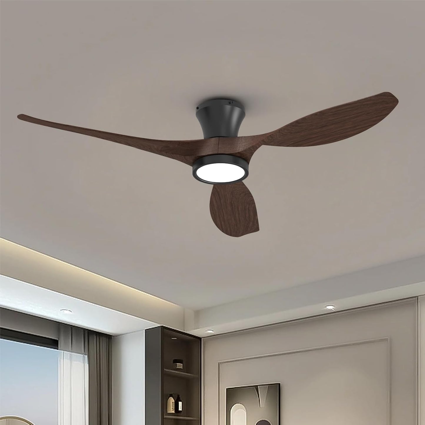 TALOYA 52 Inch Ceiling Fan with Led Light Remote Control Flush Mount Low Profile for Bedroom Farmhouse Patio Outdoor Living Room Kitchen Dining Room,DC Motor,Reversible,Black