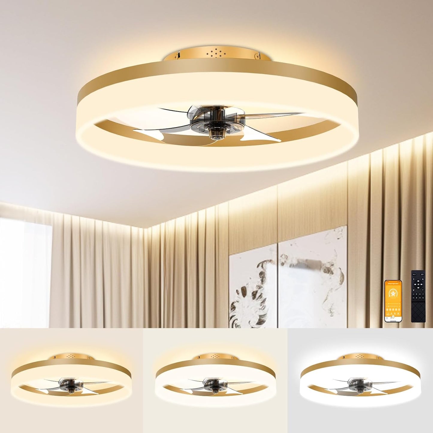 VOLISUN Low Profile Ceiling Fans with Lights and Remote, 19.7in Fandelier Ceiling Fan Flush Mount, 3000K-6500K Smart Bladeless LED Fan Light, White Modern Ceiling Fans with Lights for Bedroom
