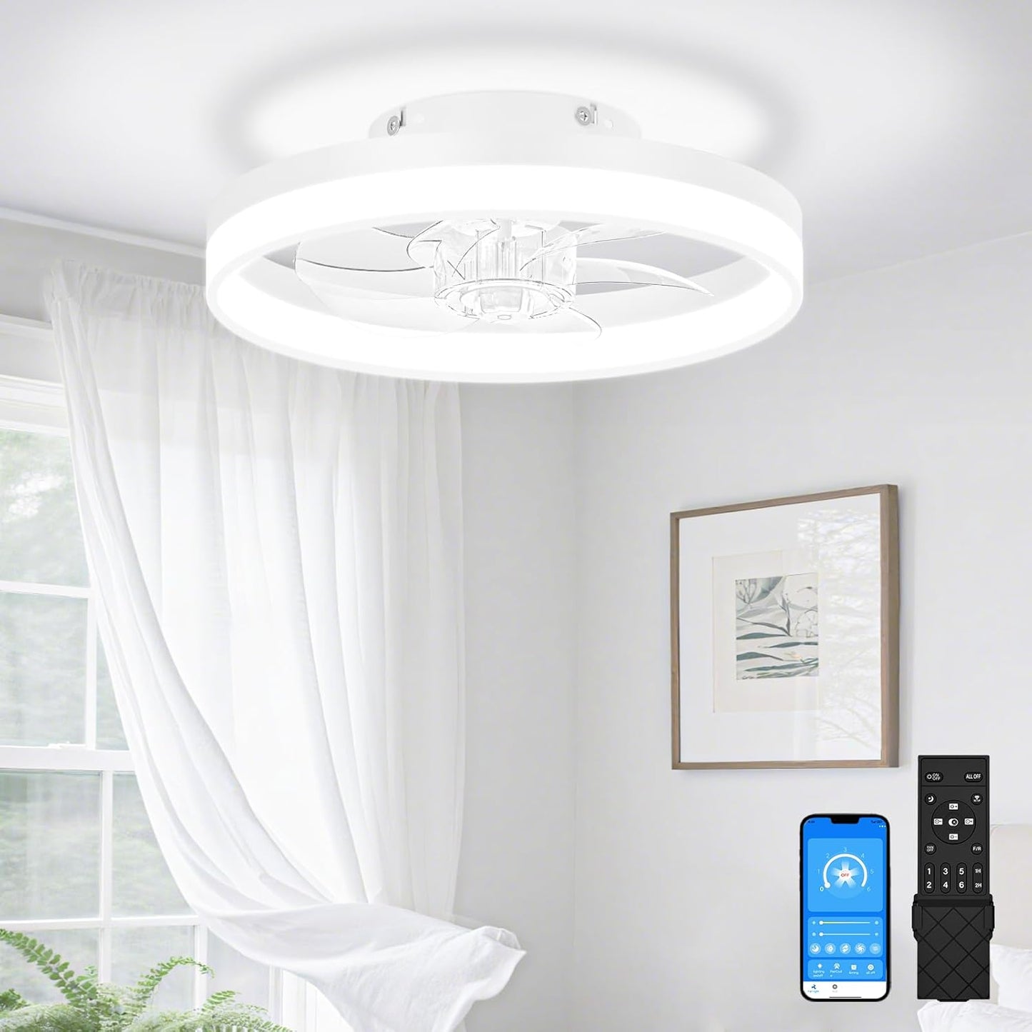 VOLISUN Low Profile Ceiling Fans with Lights and Remote, 19.7in Fandelier Ceiling Fan Flush Mount, 3000K-6500K Smart Bladeless LED Fan Light, White Modern Ceiling Fans with Lights for Bedroom