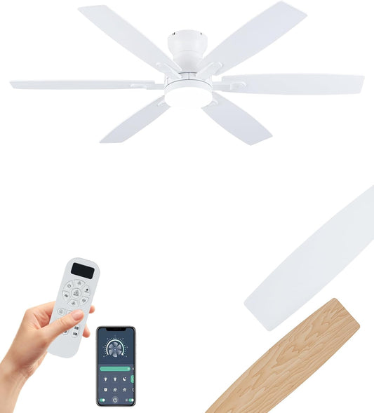 Coolwind 52 Inch White Low Profile Ceiling Fan with Light, 6 Speeds 3 Color Temperatures Led Outdoor Ceiling Fans for Bedroom