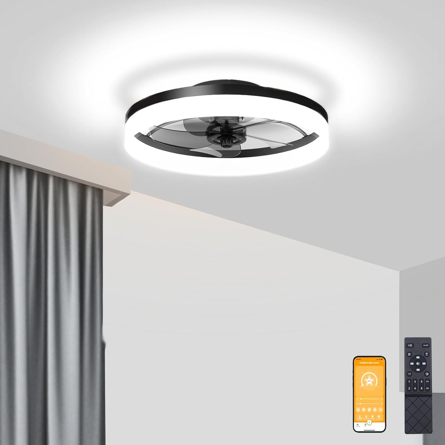 VOLISUN Low Profile Ceiling Fans with Lights and Remote, 19.7in Fandelier Ceiling Fan Flush Mount, 3000K-6500K Smart Bladeless LED Fan Light, White Modern Ceiling Fans with Lights for Bedroom