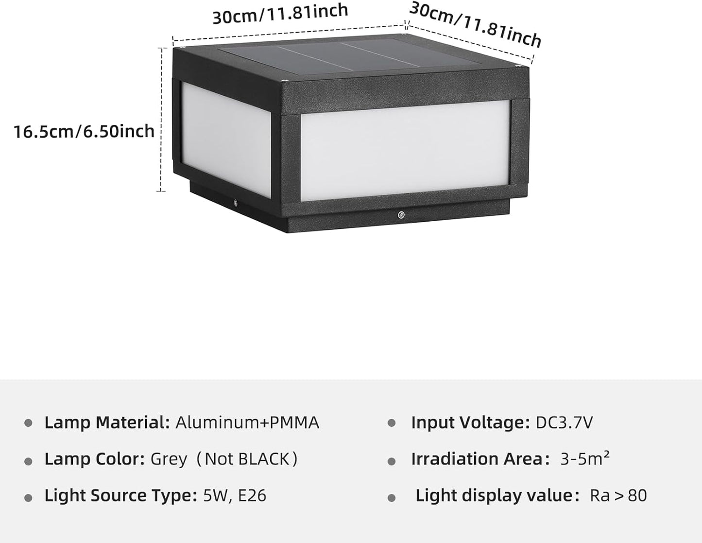 Solar Pillar Light Outdoor, Modern Post Light Dusk to Dawn IP54 Waterproof Solar Column Cap Lights LED 3000K Deck Lantern Lamp for Patio Garden Decoration with E26 Bulb(11.8"x11.8",Grey)
