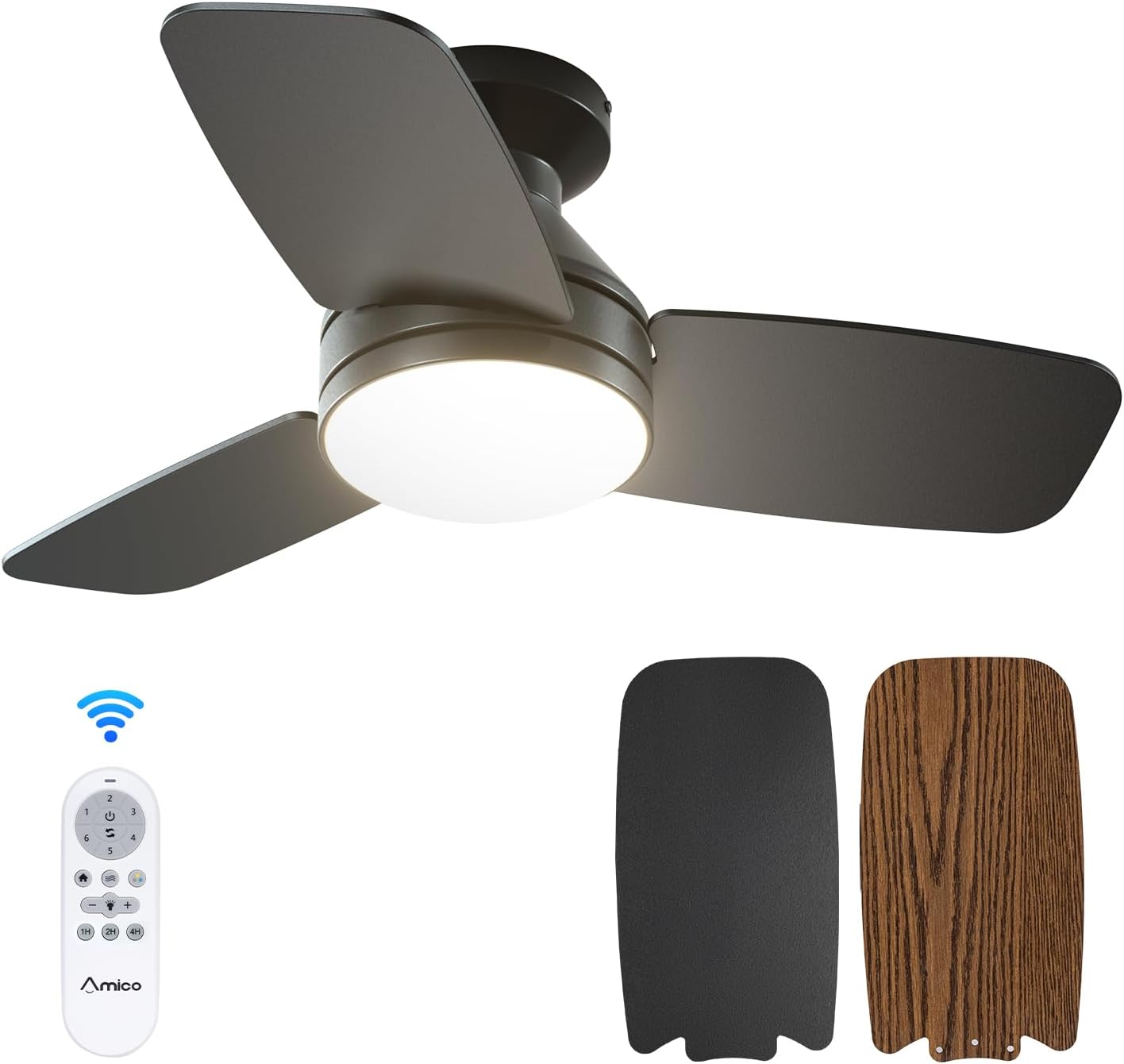 Amico Ceiling Fans with Lights, 42 inch Low Profile Ceiling Fan with Light and Remote Control, Flush Mount, Reversible, 3CCT, Dimmable, Noiseless, White Ceiling Fan for Bedroom, Indoor/Outdoor Use
