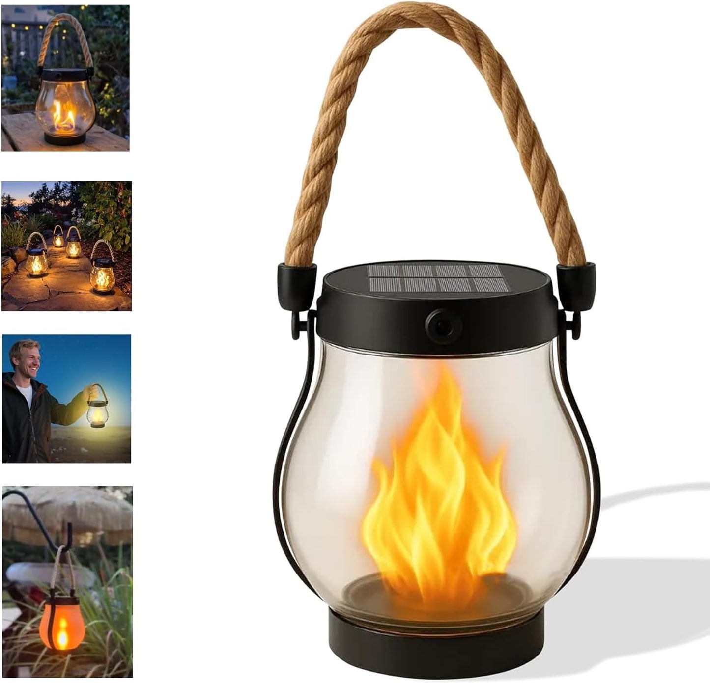 Kaliqo Solar Lantern Outdoor Lights, Waterproof Dancing Flame Solar Lantern Outdoor Lights, Hemp Rope Hanging Flame Lanterns for Garden Yard Decorations (5 Pcs)