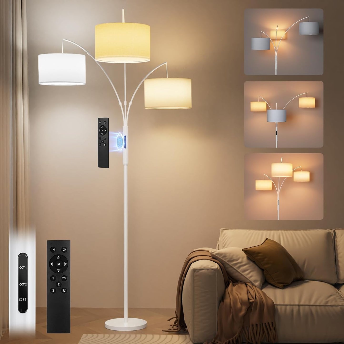36W LED Arc Floor Lamp with 3 Fabric Shades, 3000LM Super Bright Standing Lamp with Remote Control & Touch, Stepless Dimming, Individual Light Control for Living Room, Bedroom